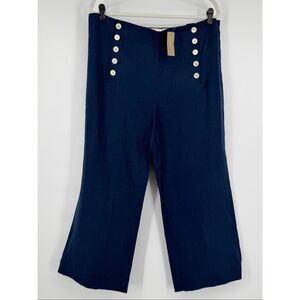 NWT J.Crew Navy Blue Linen Sailor Button Front Wide Leg Crop Pant Size 16 Preppy